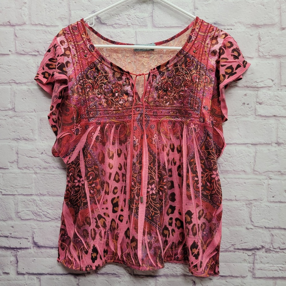 Unity World Wear Pink Leopard Paisley Embroidered Blouse XL Boho Cute Fairycore